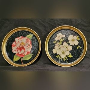 Vintage Set of 2 Tin Floral Trays